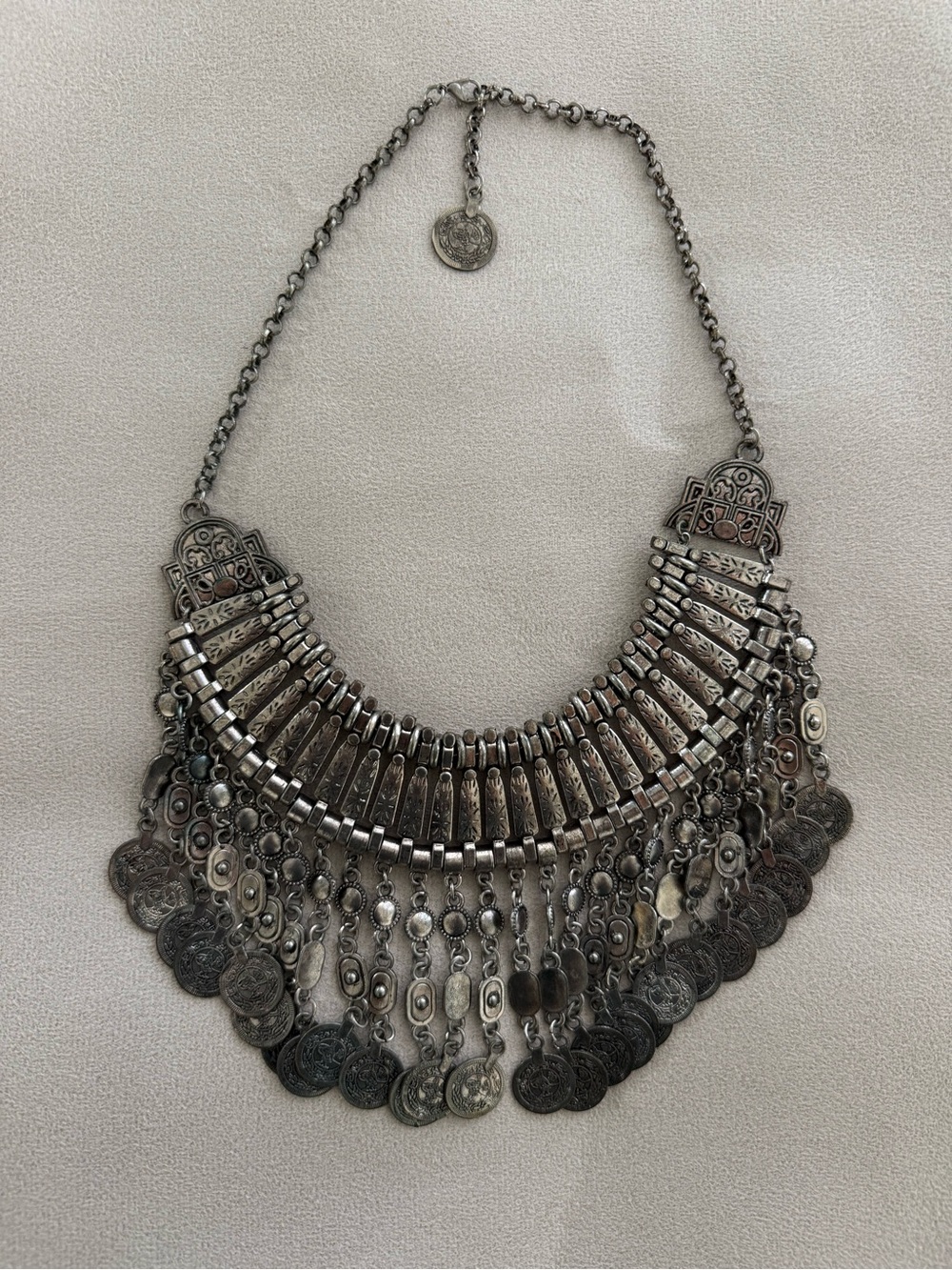 Festival Antique-Inspired Silver Coin Fringe Necklace